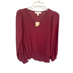 NWT Michael Kors Classic V Neck Long‎ Sleeve Cranberry Blous size XS